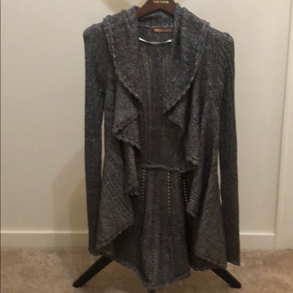 Sparkly pewter ruffled long cardigan sweater